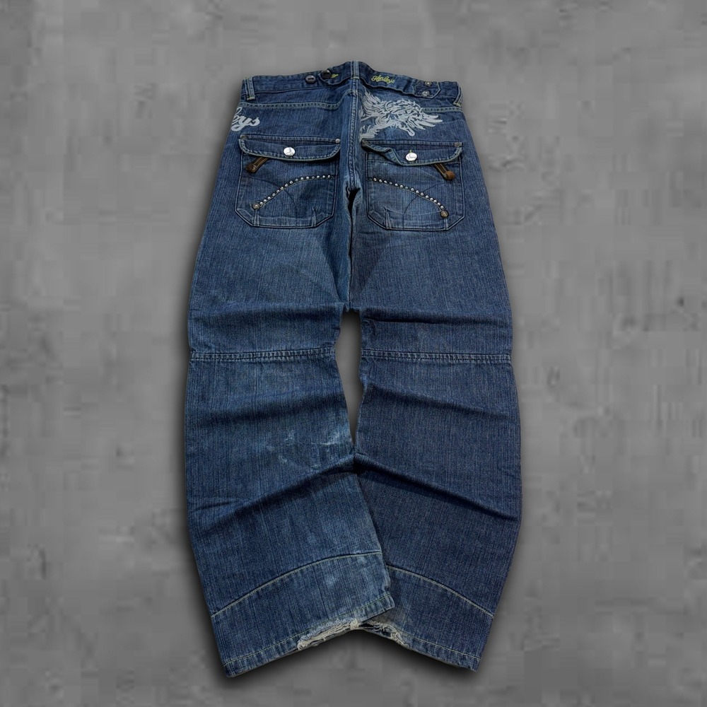 Y2K Baggy Wide Leg Embroidered Blue Henleys Skater 2000s Jeans